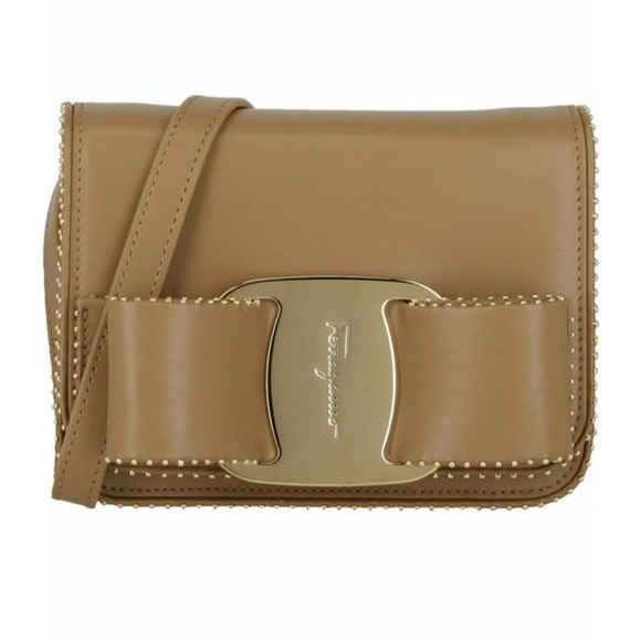 Salvatore Ferragamo Vara Bow Small Leather Crossbody Bag Camel w Gold Accent New - Picture 2 of 16